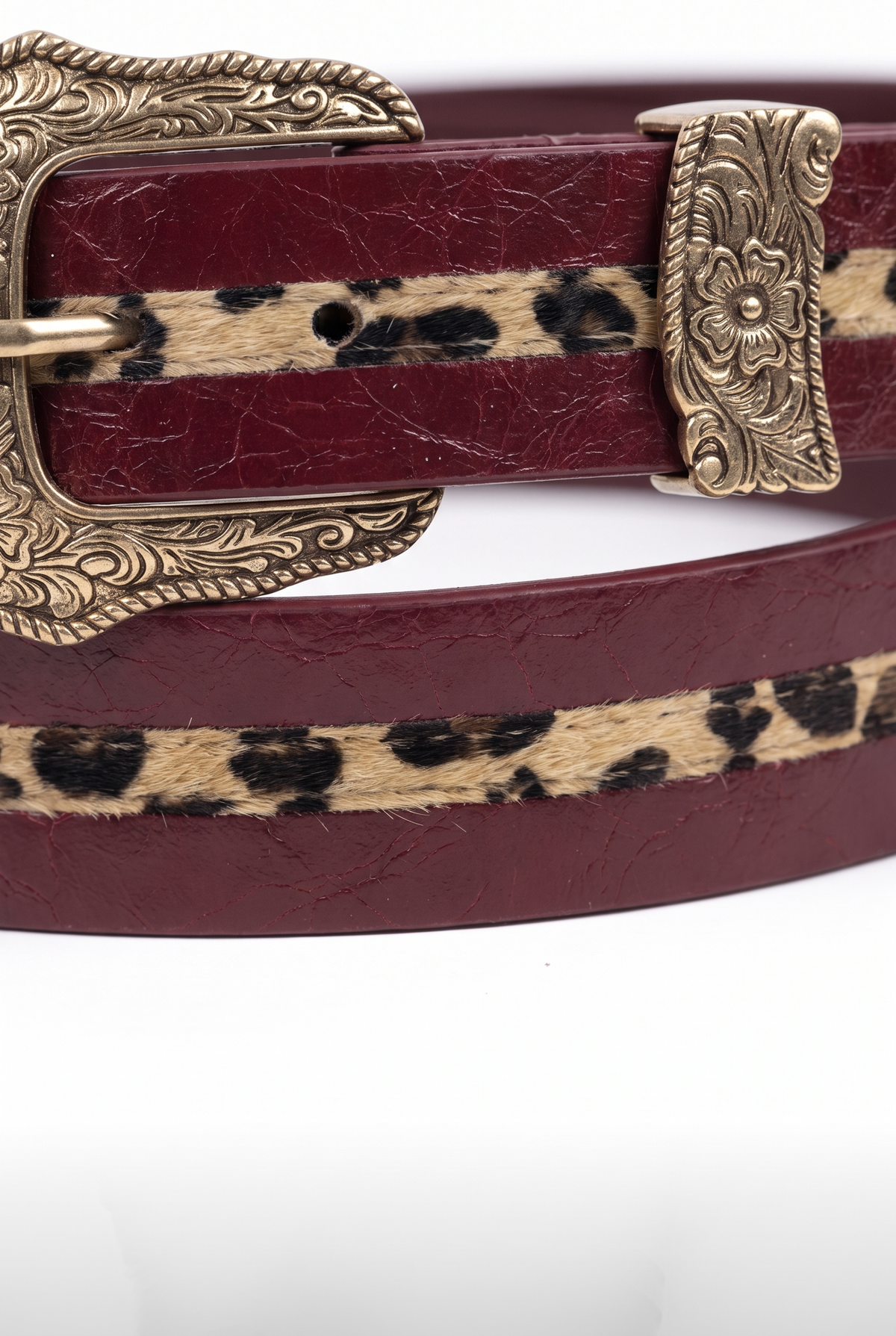 Burgunder Leo-Print Belt mit Goldschnalle