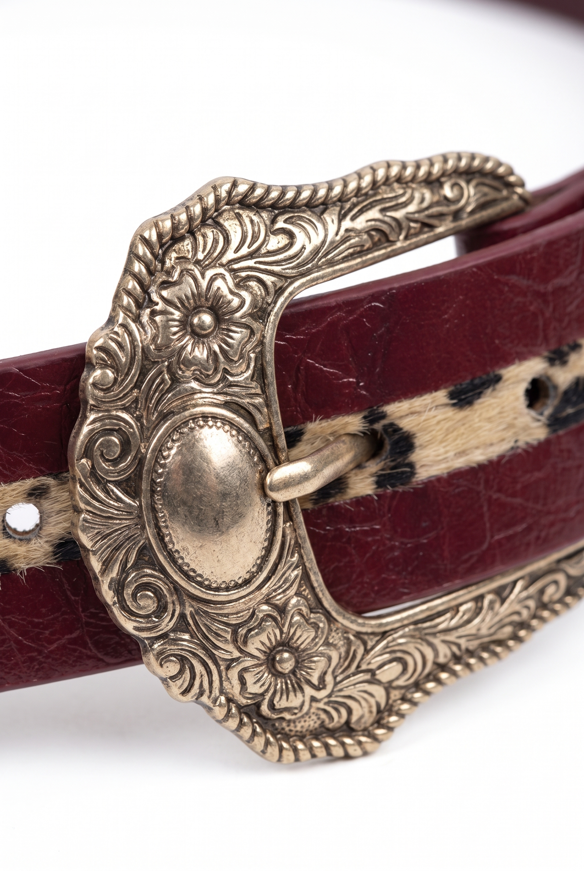 Burgunder Leo-Print Belt mit Goldschnalle