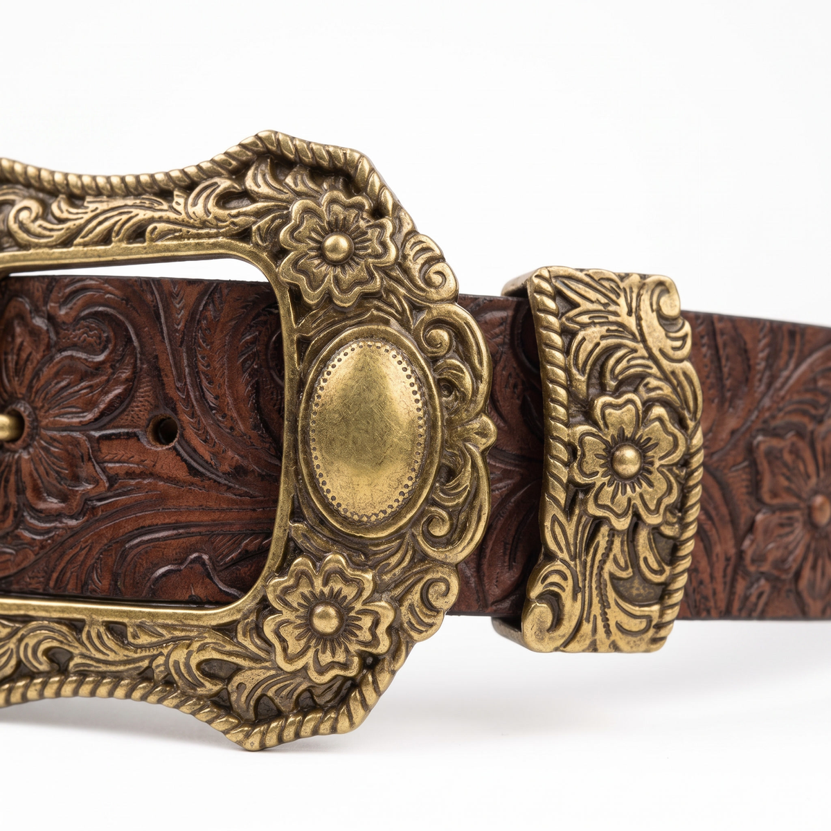 Brauner Gürtel Florale Goldschnalle
