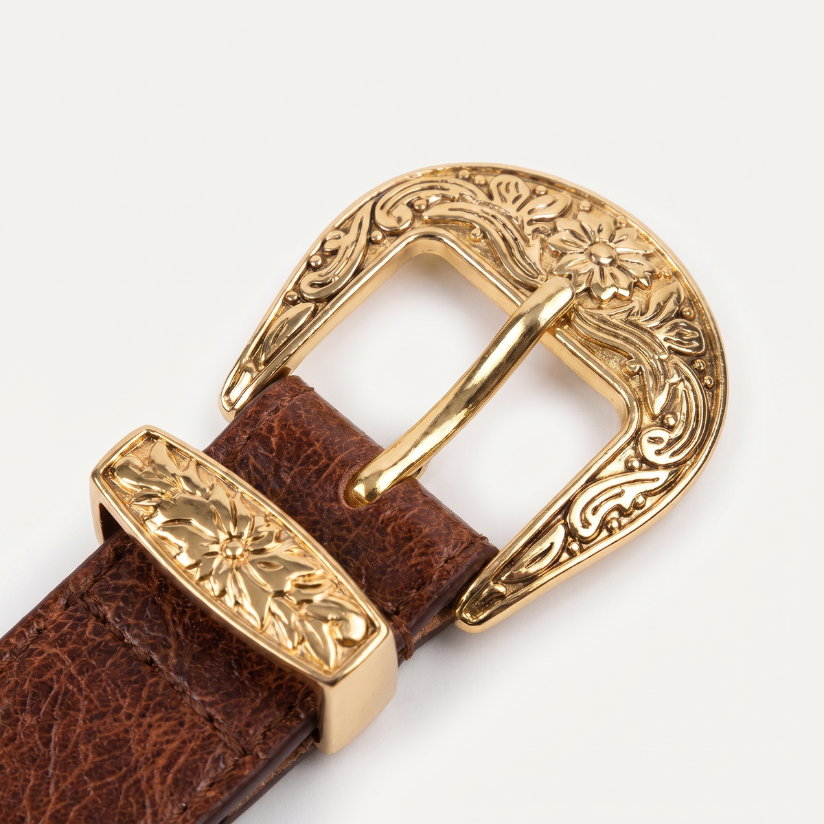Brauner Boho Gürtel florale Goldschnalle